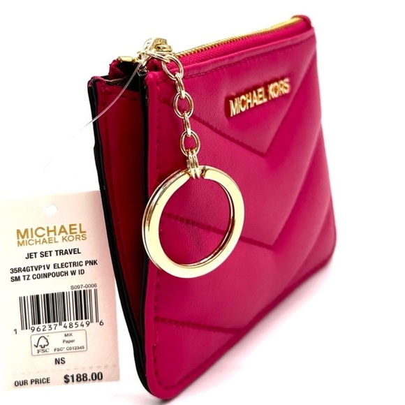 Michael Kors Jet Set Travel Small Top Zip Coin Pouch w ID Holder Electric Pink - Picture 6 of 8